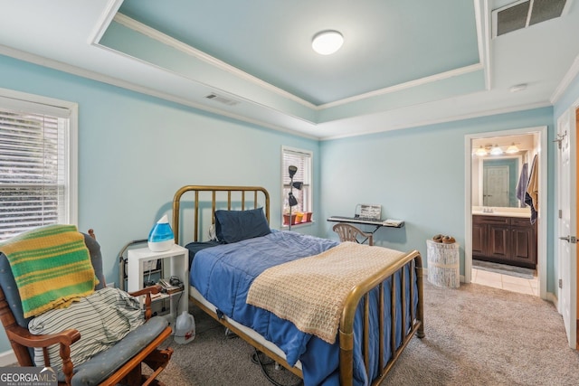 4740 Arbor Meadows Dr, Cumming, GA 30040 - carpeted bedroom with ornamental molding, a raised ceiling, visible vents, and ensuite bath