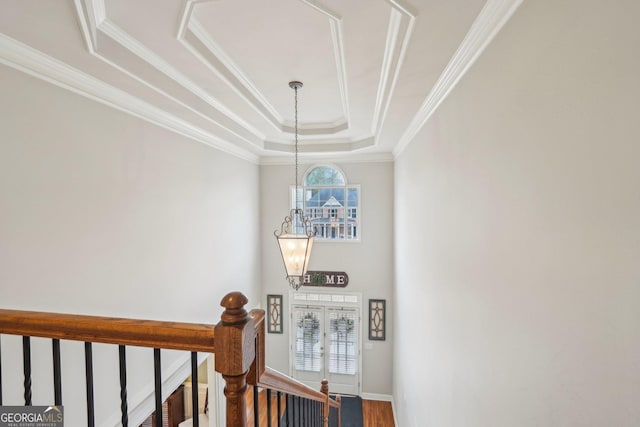 4740 Arbor Meadows Dr, Cumming, GA 30040 - stairs with french doors, a raised ceiling, ornamental molding, wood finished floors, and baseboards