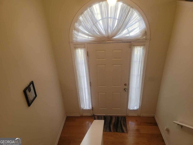 entrance foyer with baseboards and wood finished floors