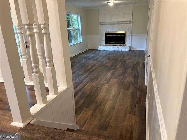 unfurnished living room featuring dark wood-style floors, a wainscoted wall, crown molding, and a fireplace