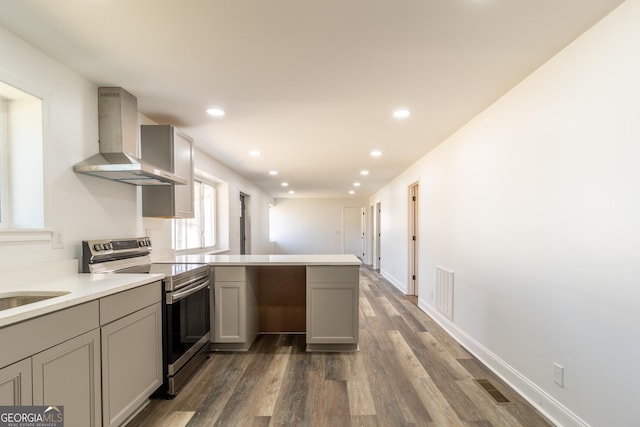 kitchen with stainless steel range with electric cooktop, wall chimney range hood, gray cabinetry, and a peninsula