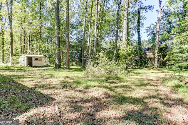 view of yard featuring a storage unit, a view of trees, and an outbuilding