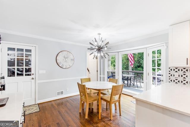 dining space featuring baseboards, visible vents, ornamental molding, and dark wood-style flooring