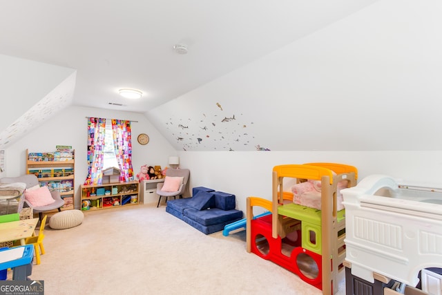 playroom featuring carpet and lofted ceiling