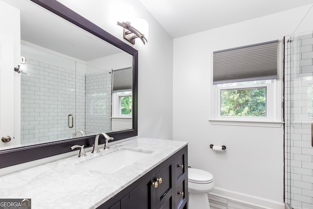 bathroom featuring a wealth of natural light, a shower stall, toilet, and vanity