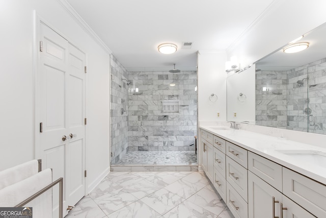 full bath featuring a stall shower, marble finish floor, visible vents, and crown molding