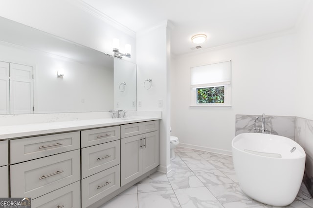 bathroom featuring marble finish floor, crown molding, visible vents, toilet, and vanity