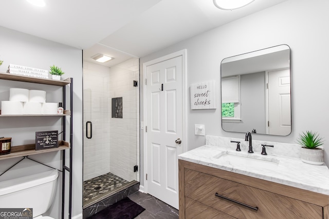 full bath with toilet, a stall shower, marble finish floor, and vanity