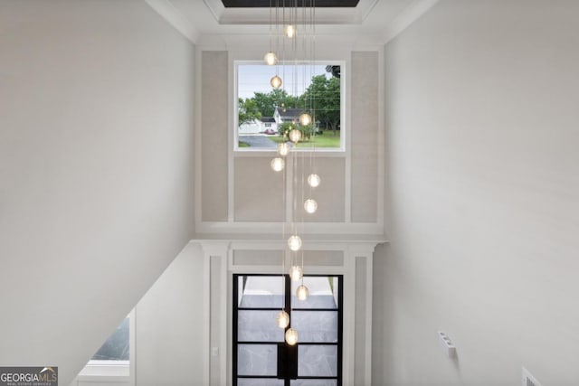 interior space with a tray ceiling and crown molding