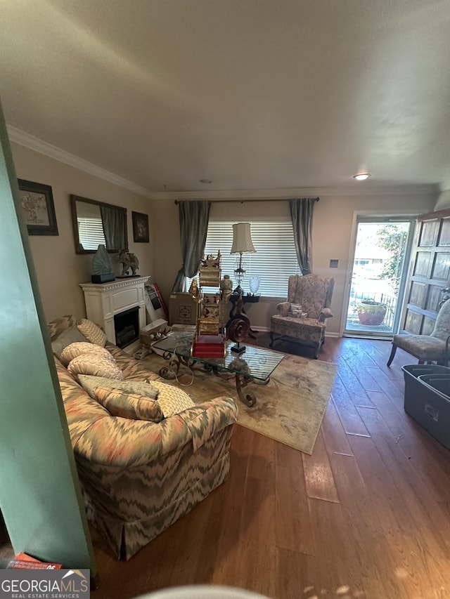 living room featuring baseboards, a fireplace, ornamental molding, and wood finished floors