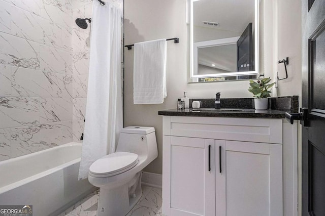 full bathroom with toilet, visible vents, vanity, marble finish floor, and shower / bath combination with curtain