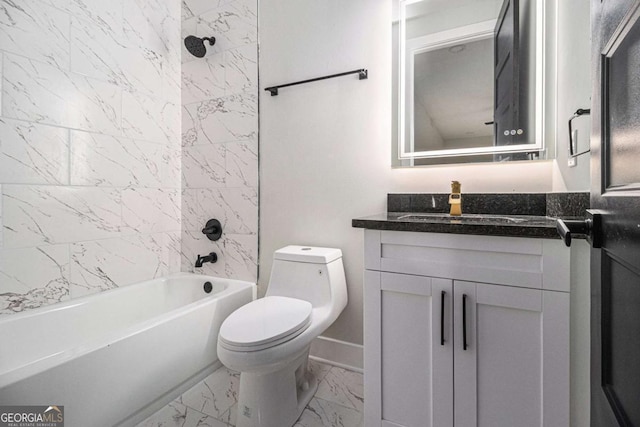 full bath with toilet, marble finish floor,  shower combination, and vanity