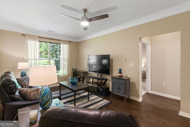 living room with ornamental molding, visible vents, dark wood finished floors, and baseboards