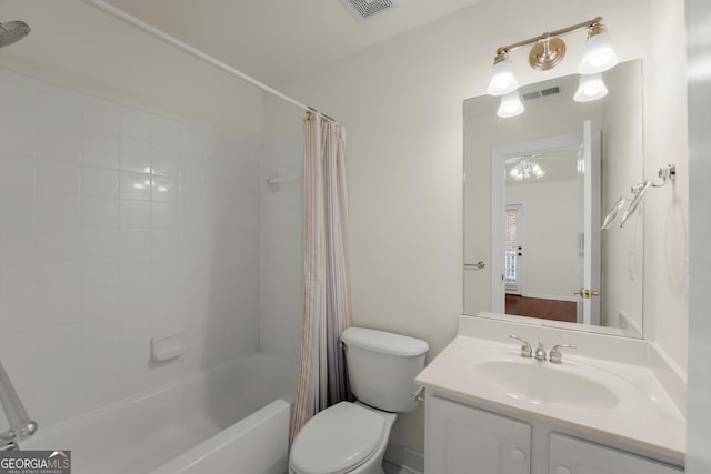 full bathroom with toilet, vanity, visible vents, and shower / tub combo with curtain