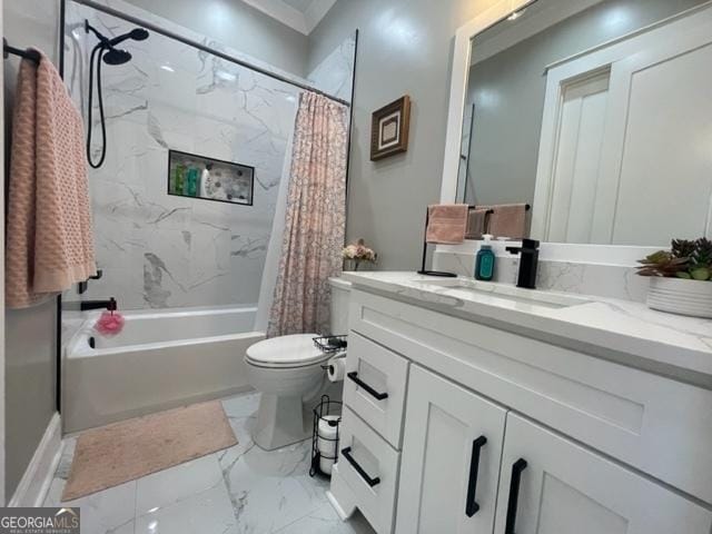 bathroom with shower / bathtub combination with curtain, marble finish floor, vanity, and toilet