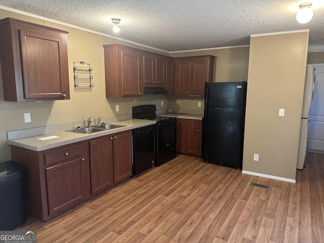 kitchen featuring under cabinet range hood, a sink, light countertops, black appliances, and light wood finished floors