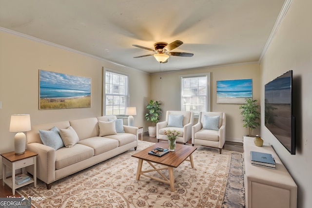 living room with ceiling fan, light wood-type flooring, ornamental molding, and plenty of natural light