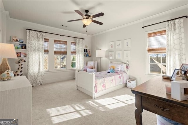 bedroom featuring light carpet, ceiling fan, and ornamental molding