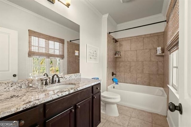 full bath with tile patterned flooring, toilet, vanity, washtub / shower combination, and crown molding