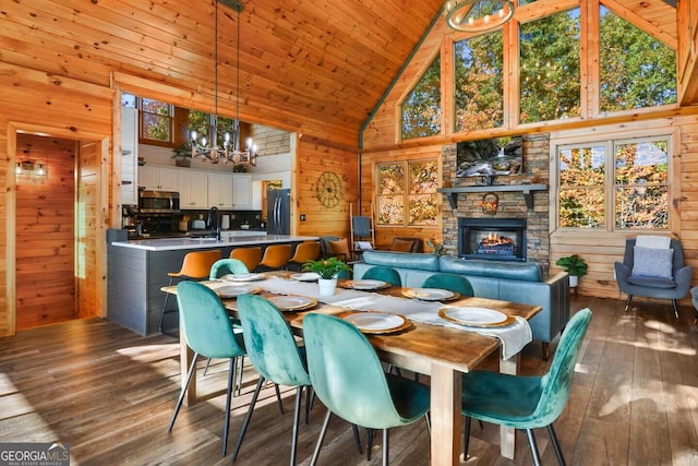 dining space with dark wood finished floors, a notable chandelier, a stone fireplace, wooden walls, and high vaulted ceiling