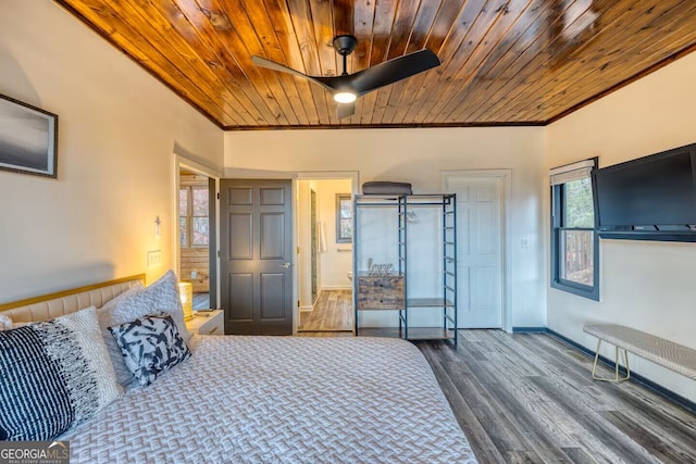 bedroom with wooden ceiling, baseboards, crown molding, and dark wood-style flooring