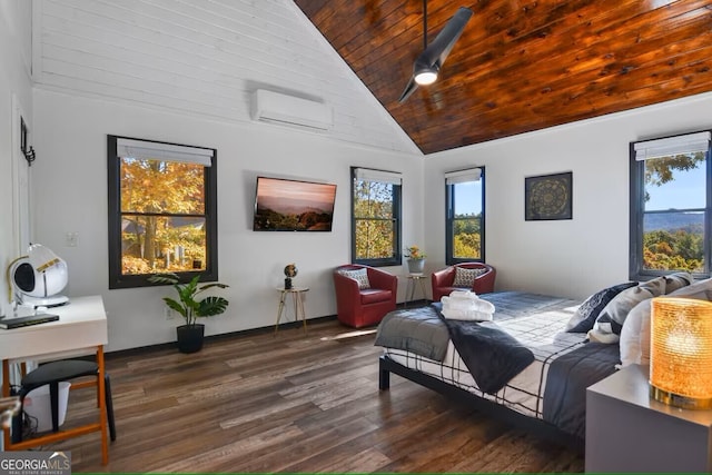 bedroom with high vaulted ceiling, dark wood-type flooring, a wall unit AC, and wooden ceiling