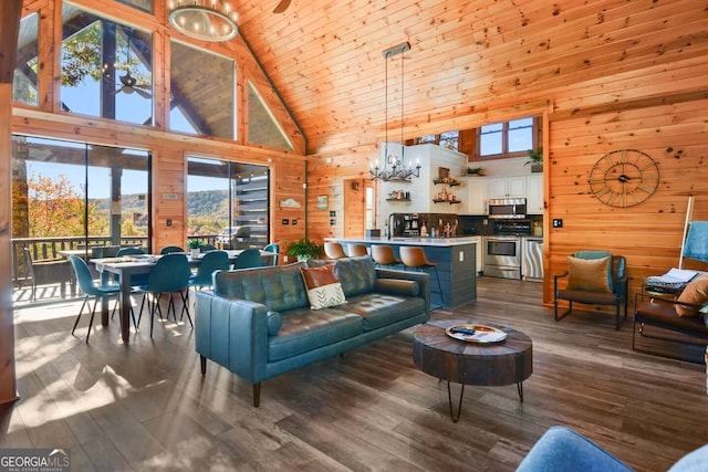 living room with dark wood-style flooring, wood walls, high vaulted ceiling, and wood ceiling