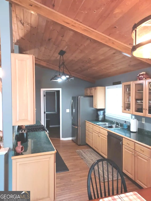 kitchen featuring dark countertops, wood finished floors, vaulted ceiling, stainless steel appliances, and a sink