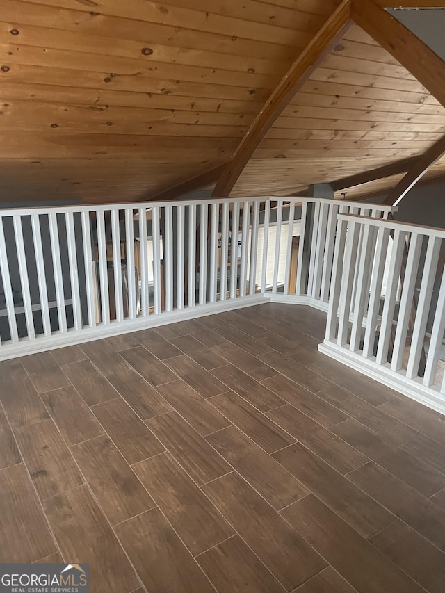 interior space with lofted ceiling, wood ceiling, and wood finish floors