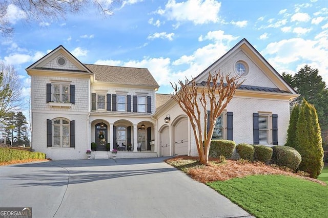 view of front facade featuring driveway, a balcony, a garage, and brick siding