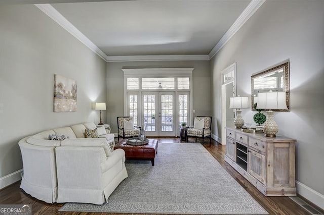 living area featuring baseboards, ornamental molding, dark wood-style flooring, and french doors