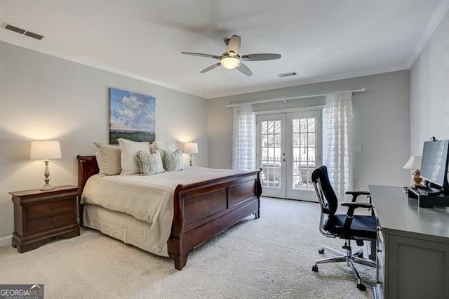 bedroom featuring light carpet, visible vents, access to exterior, crown molding, and french doors