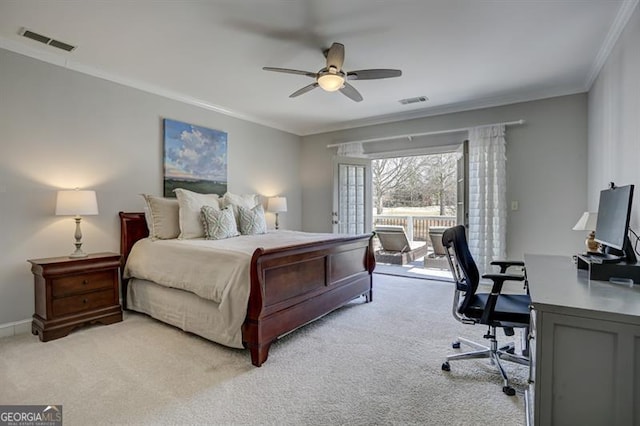 bedroom with light carpet, access to outside, visible vents, and crown molding