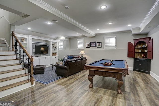 rec room featuring recessed lighting, pool table, crown molding, and wood finished floors