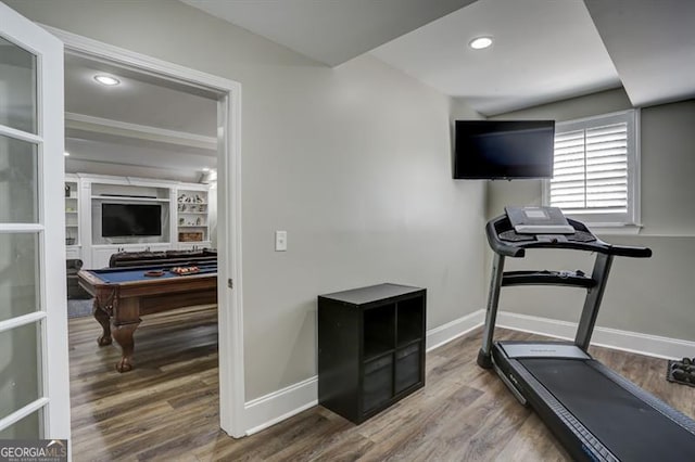 exercise area with billiards, recessed lighting, wood finished floors, and baseboards