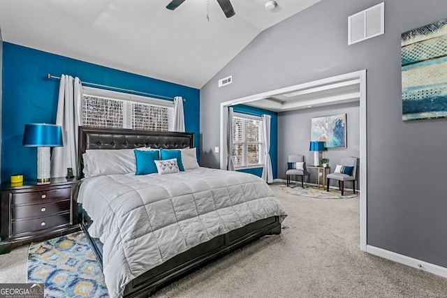 bedroom with lofted ceiling, carpet, visible vents, and baseboards