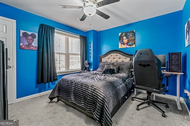 bedroom featuring carpet floors, ceiling fan, and baseboards