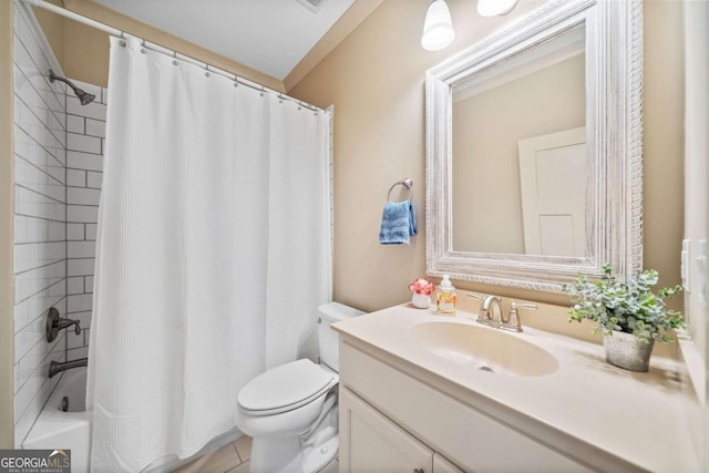 full bath with tile patterned flooring, vanity, toilet, and shower / tub combo with curtain