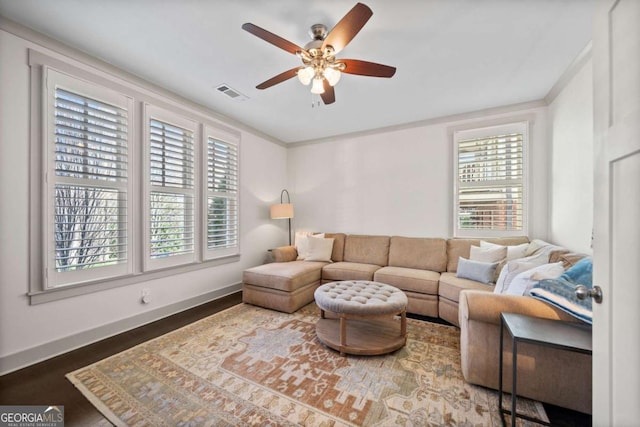 203 Hubbard Rd, Woodstock, GA 30188 - living area featuring visible vents, baseboards, ceiling fan, and a wealth of natural light