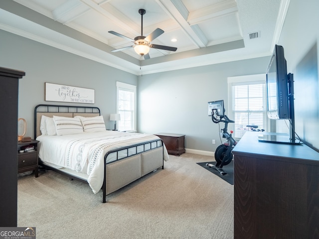 bedroom with coffered ceiling, visible vents, light carpet, and multiple windows