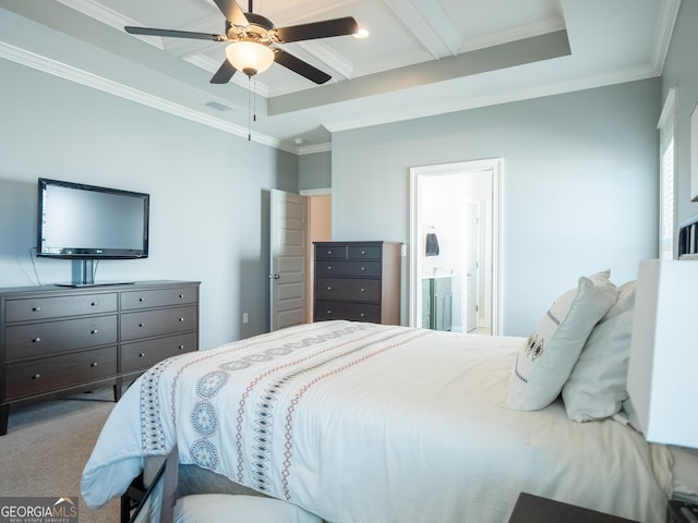 bedroom featuring ensuite bathroom, carpet floors, visible vents, a ceiling fan, and ornamental molding