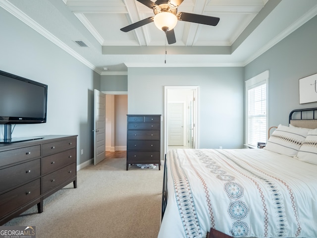 bedroom featuring light carpet, baseboards, visible vents, coffered ceiling, and ornamental molding