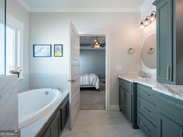 bathroom with a garden tub, ornamental molding, a ceiling fan, connected bathroom, and vanity