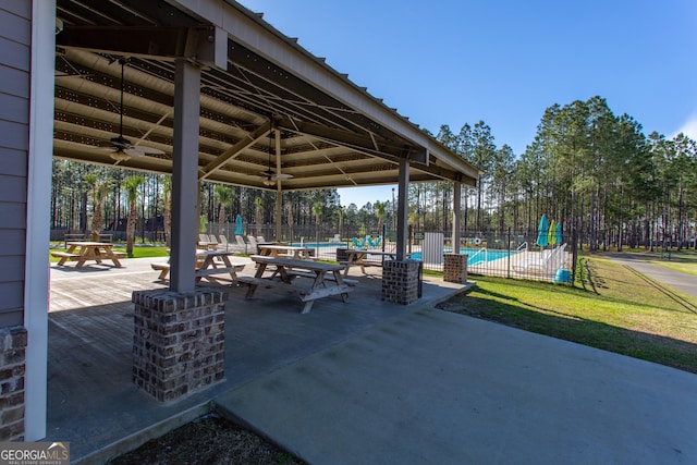 view of home's community featuring a swimming pool, a patio area, and fence