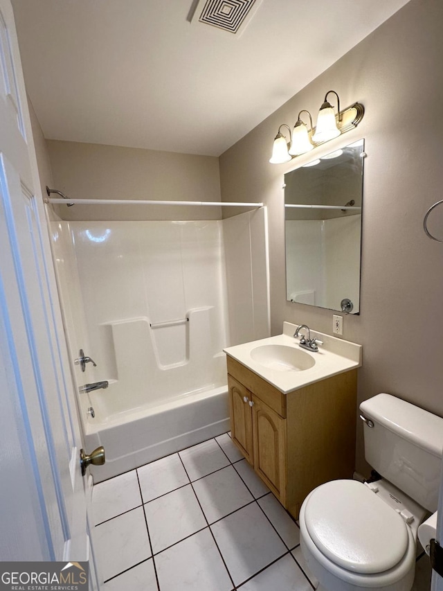 full bath with shower / bathtub combination, toilet, vanity, visible vents, and tile patterned floors