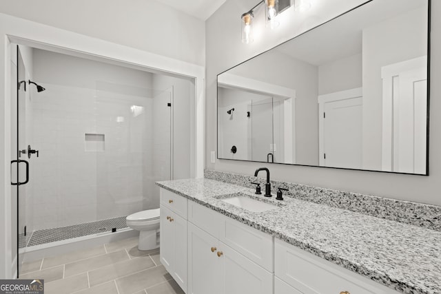 full bath featuring vanity, tile patterned flooring, a shower stall, and toilet