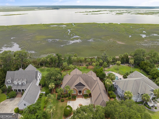 drone / aerial view featuring a water view