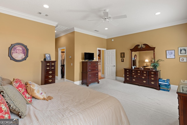 bedroom with carpet, crown molding, recessed lighting, visible vents, and baseboards