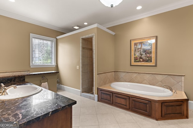 full bathroom with a garden tub, crown molding, and tile patterned floors