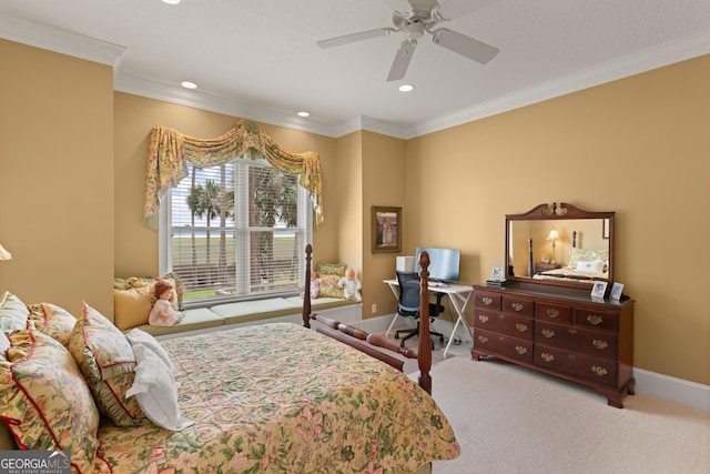 carpeted bedroom featuring a ceiling fan, recessed lighting, crown molding, and baseboards